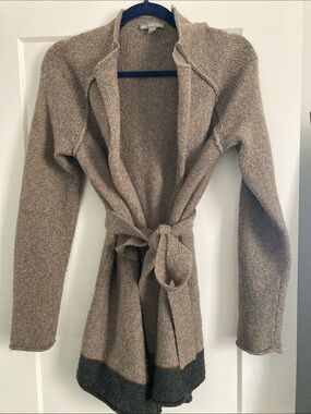 James Perse Taupe/Beige and Dark Gray Belted Open-Front Knit Cardigan